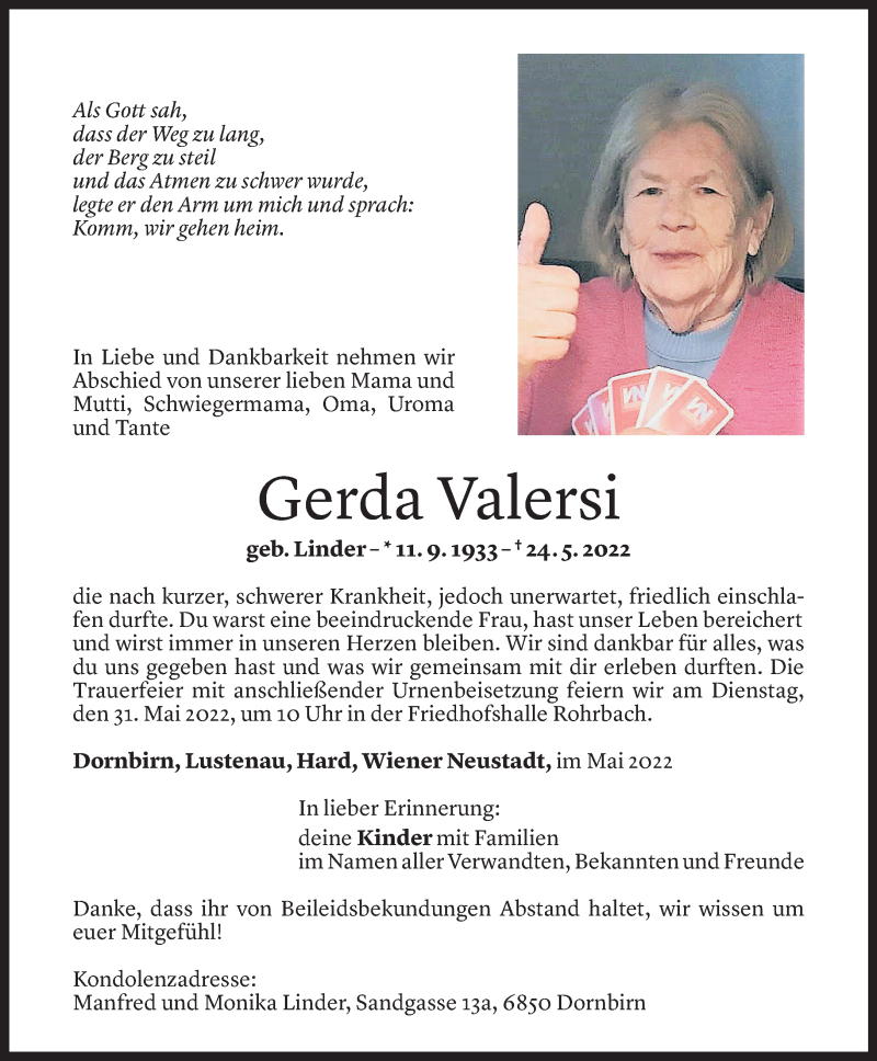  Todesanzeige für Gerda Valersi vom 27.05.2022 aus Vorarlberger Nachrichten