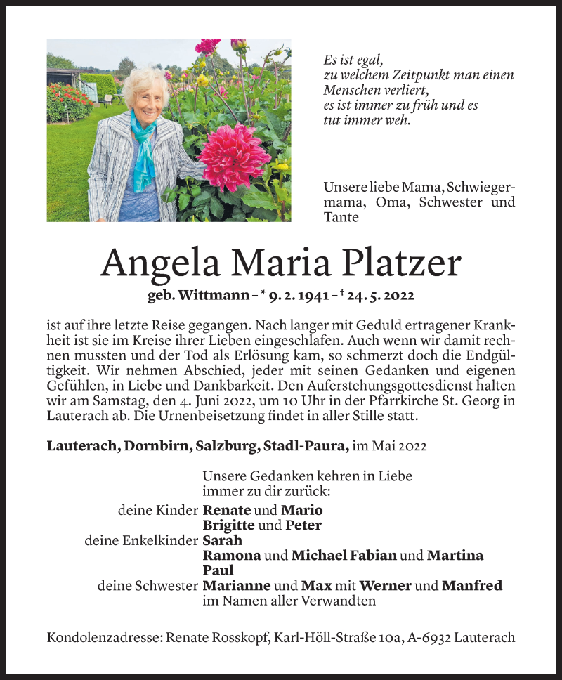  Todesanzeige für Angela Maria Platzer vom 31.05.2022 aus Vorarlberger Nachrichten