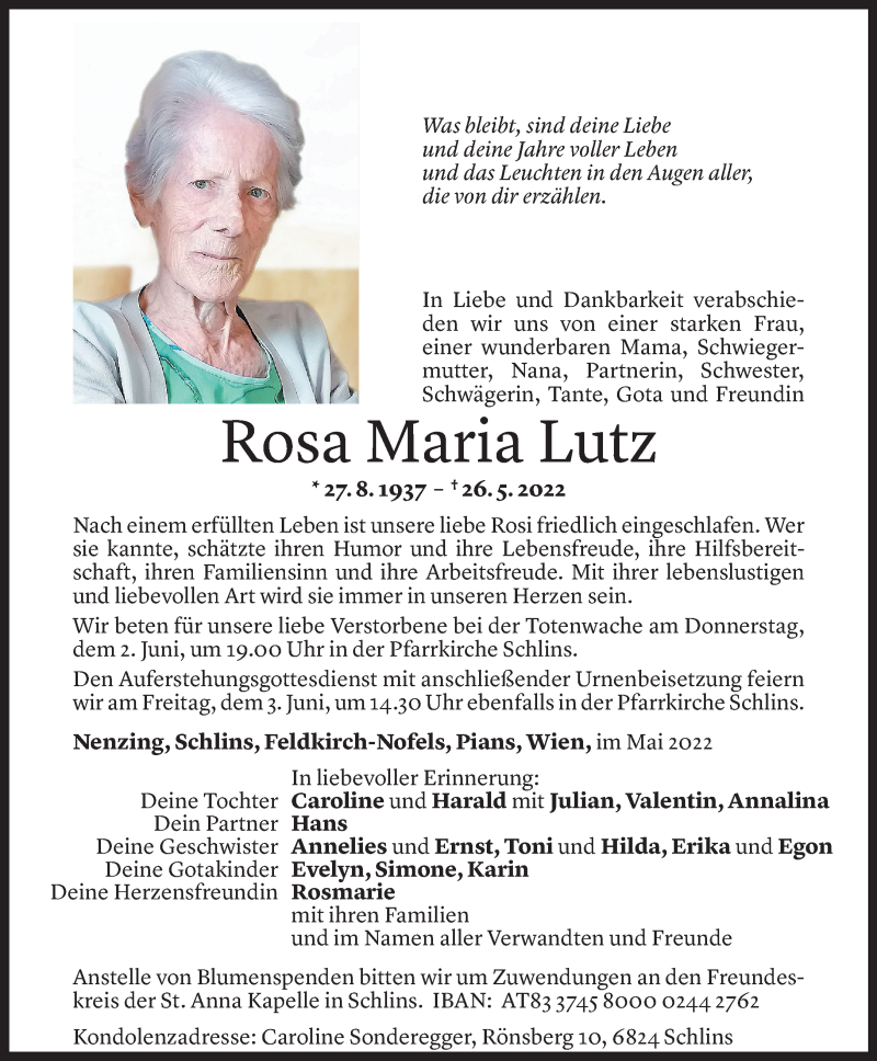  Todesanzeige für Rosa Maria Lutz vom 30.05.2022 aus vorarlberger nachrichten