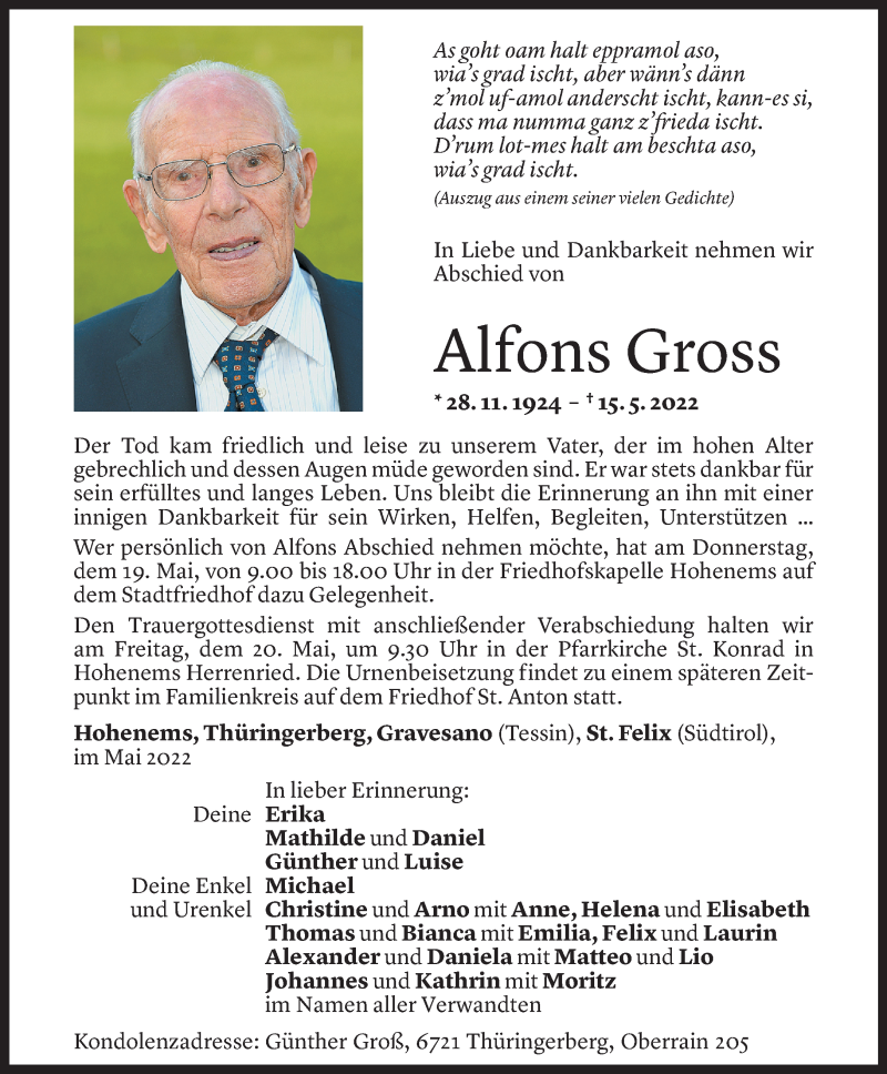  Todesanzeige für Alfons Gross vom 18.05.2022 aus Vorarlberger Nachrichten