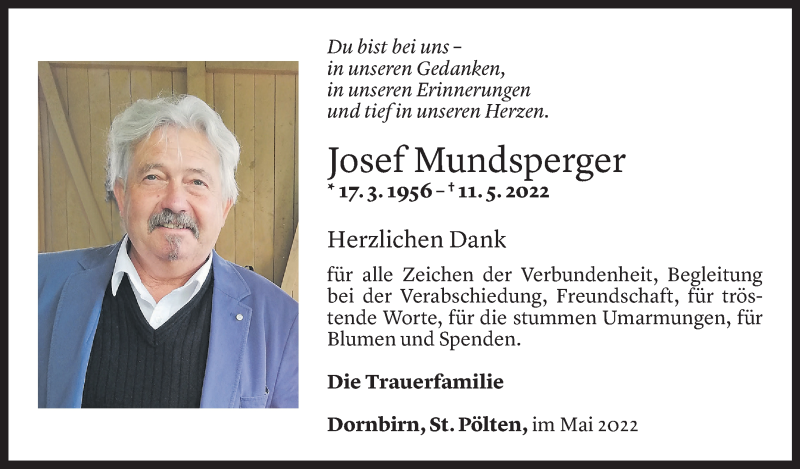  Todesanzeige für Josef Mundsperger vom 28.05.2022 aus Vorarlberger Nachrichten