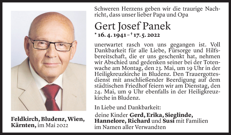  Todesanzeige für Gert Josef Panek vom 21.05.2022 aus Vorarlberger Nachrichten
