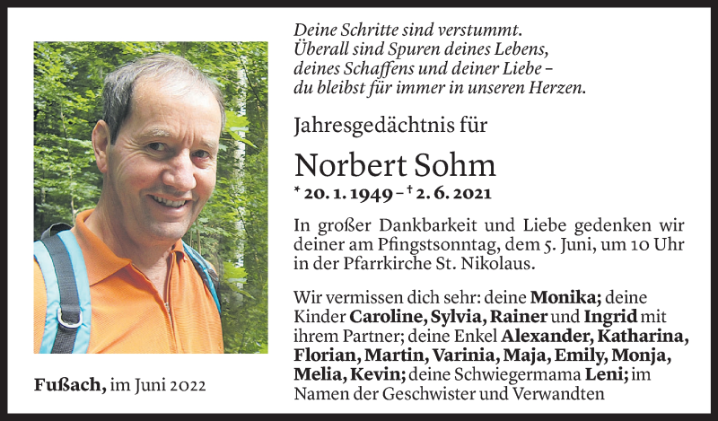  Todesanzeige für Norbert Sohm vom 01.06.2022 aus Vorarlberger Nachrichten