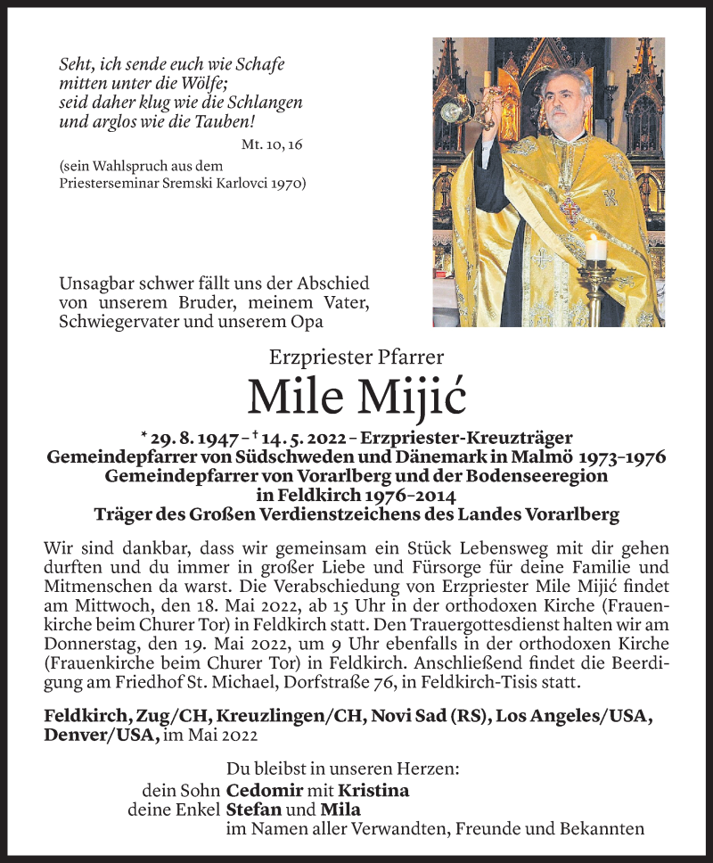  Todesanzeige für Mile Mijic vom 16.05.2022 aus Vorarlberger Nachrichten