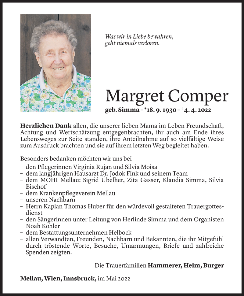  Todesanzeige für Margret Comper vom 05.05.2022 aus Vorarlberger Nachrichten