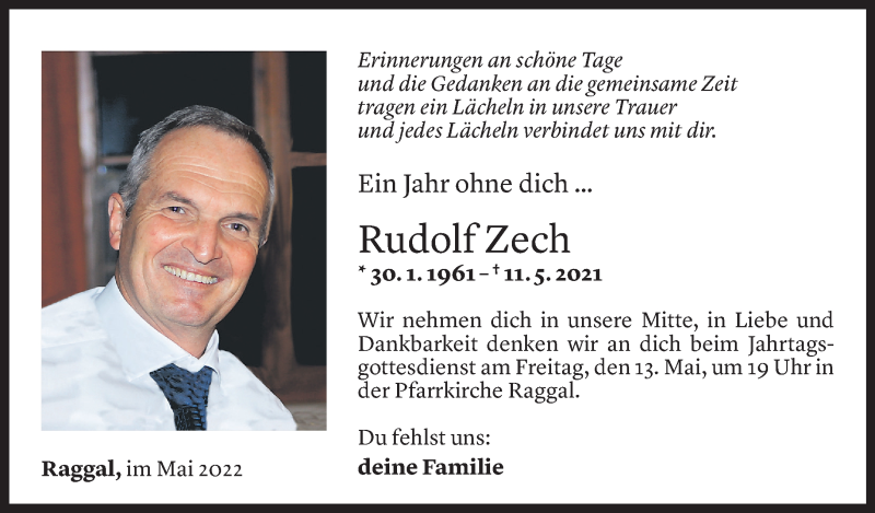  Todesanzeige für Rudolf Zech vom 10.05.2022 aus Vorarlberger Nachrichten