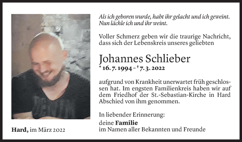  Todesanzeige für Johannes Schlieber vom 21.05.2022 aus Vorarlberger Nachrichten