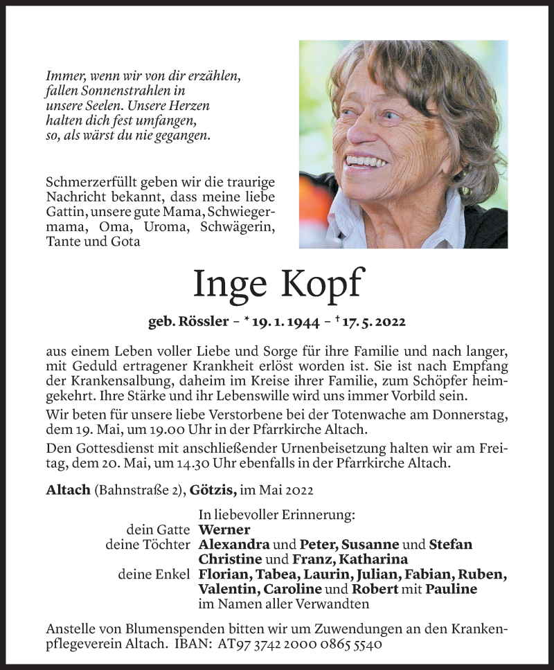  Todesanzeige für Ingeborg Kopf vom 18.05.2022 aus Vorarlberger Nachrichten