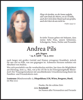 Todesanzeige von Andrea Pils von Vorarlberger Nachrichten