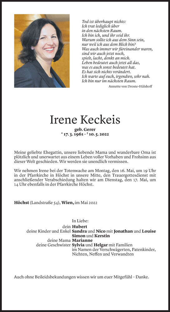  Todesanzeige für Irene Keckeis vom 13.05.2022 aus Vorarlberger Nachrichten