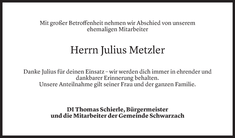  Todesanzeige für Julius Metzler vom 30.05.2022 aus Vorarlberger Nachrichten