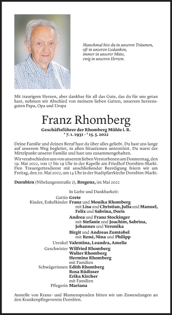 Todesanzeige von Franz Rhomberg von Vorarlberger Nachrichten