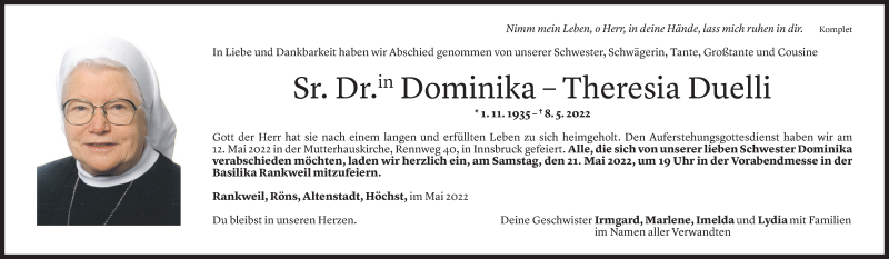  Todesanzeige für Theresia Duelli vom 13.05.2022 aus Vorarlberger Nachrichten