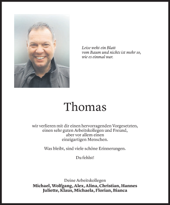 Todesanzeige von Thomas Zudrell von Vorarlberger Nachrichten