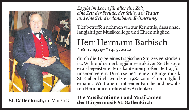  Todesanzeige für Hermann Barbisch vom 19.05.2022 aus Vorarlberger Nachrichten