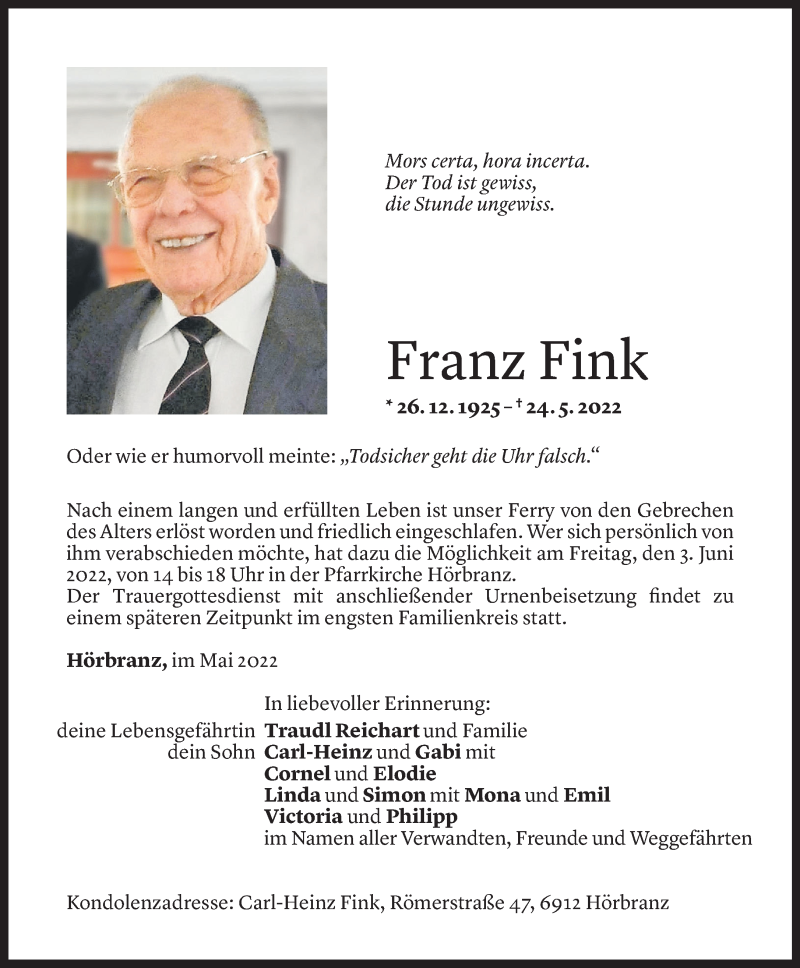  Todesanzeige für Franz Fink vom 31.05.2022 aus Vorarlberger Nachrichten