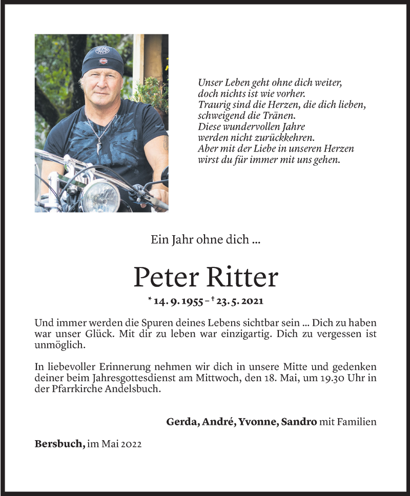  Todesanzeige für Peter Ritter vom 16.05.2022 aus Vorarlberger Nachrichten