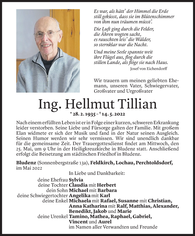  Todesanzeige für Hellmut Tillian vom 21.05.2022 aus Vorarlberger Nachrichten