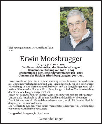 Todesanzeige von Erwin Moosbrugger von Vorarlberger Nachrichten