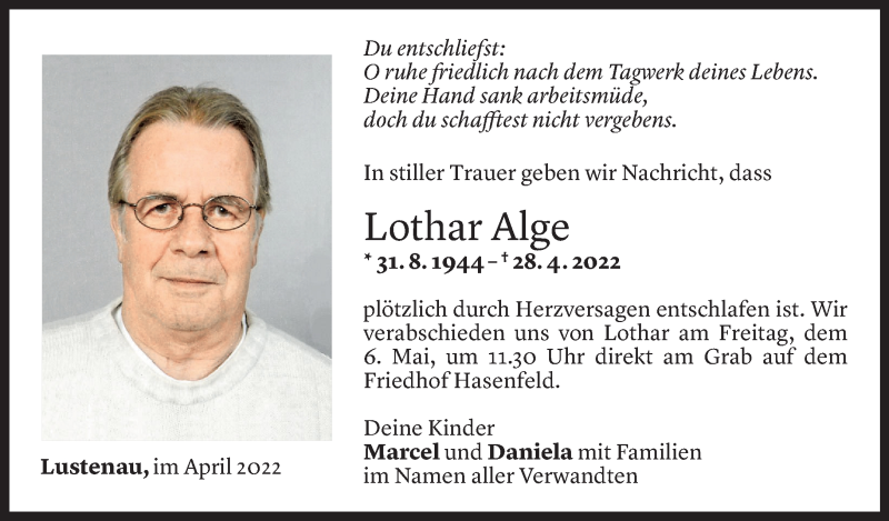  Todesanzeige für Lothar Alge vom 05.05.2022 aus Vorarlberger Nachrichten