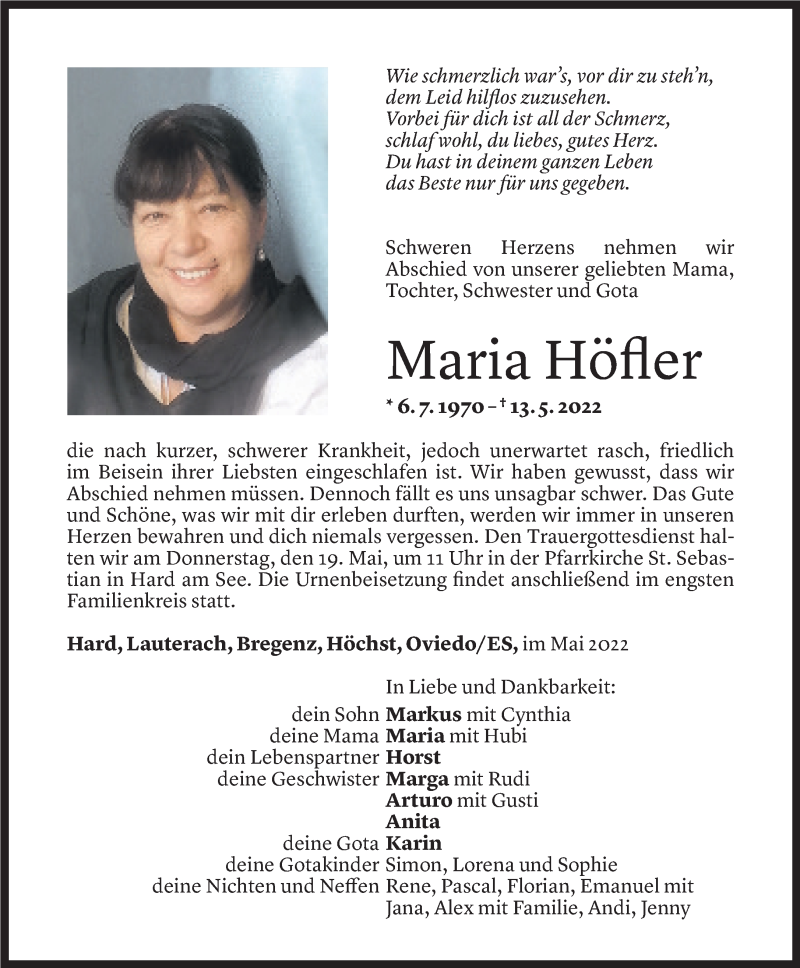  Todesanzeige für Maria Höfler vom 16.05.2022 aus Vorarlberger Nachrichten