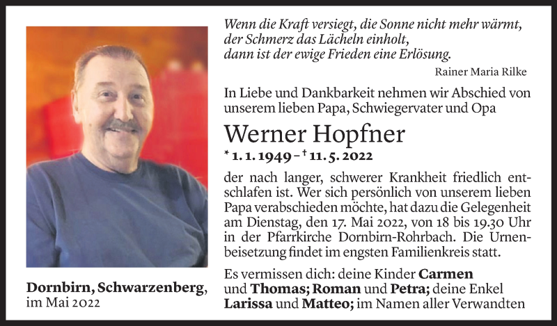  Todesanzeige für Werner Hopfner vom 13.05.2022 aus Vorarlberger Nachrichten