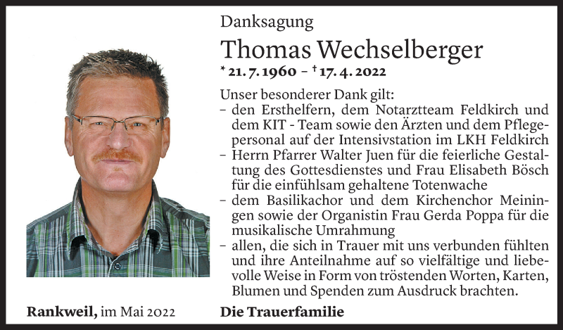  Todesanzeige für Thomas Wechselberger vom 21.05.2022 aus Vorarlberger Nachrichten