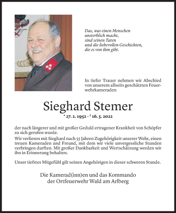 Todesanzeige von Sieghard Stemer von Vorarlberger Nachrichten