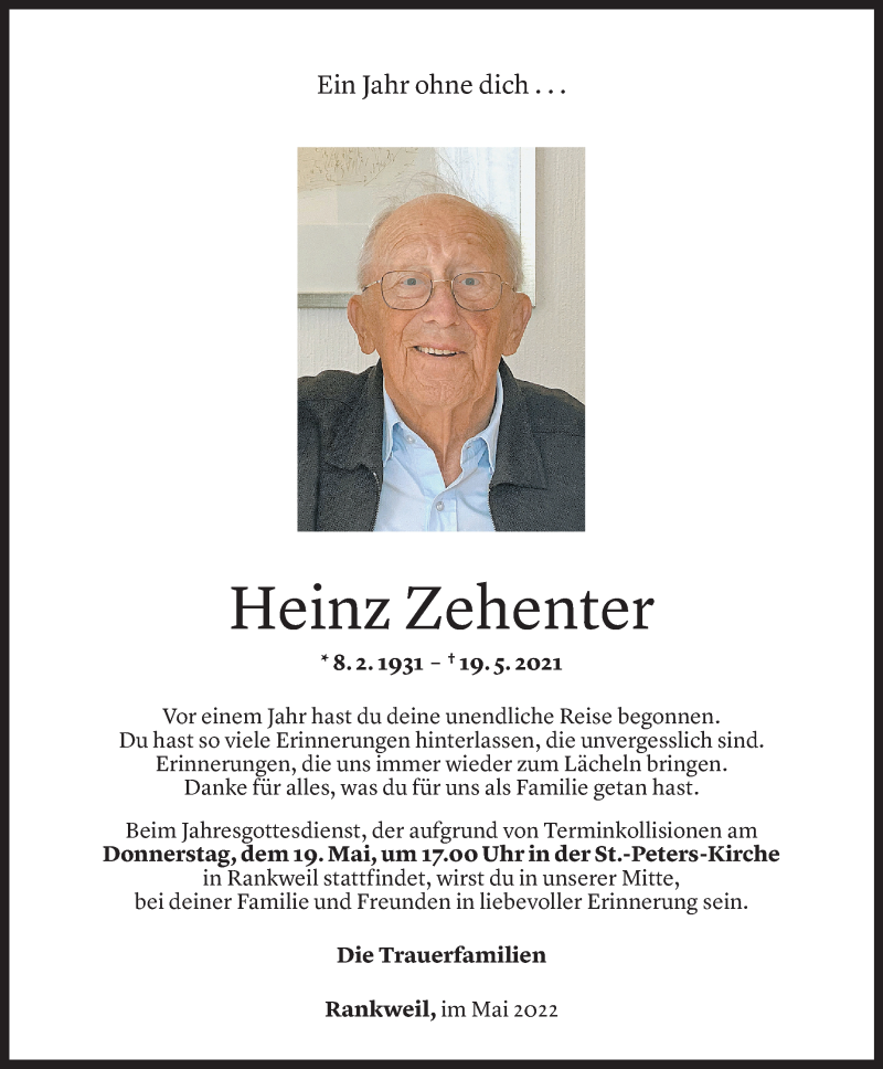  Todesanzeige für Heinz Zehenter vom 17.05.2022 aus Vorarlberger Nachrichten