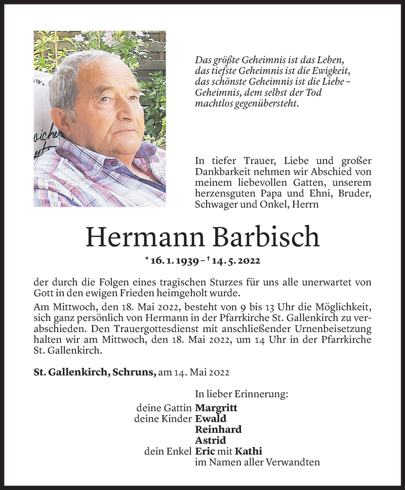  Todesanzeige für Hermann Barbisch vom 16.05.2022 aus Vorarlberger Nachrichten