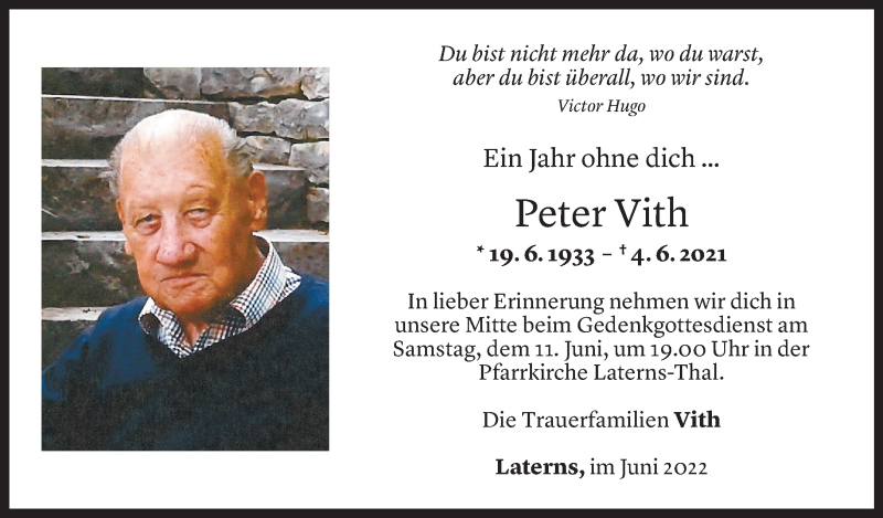  Todesanzeige für Peter Vith vom 04.06.2022 aus Vorarlberger Nachrichten
