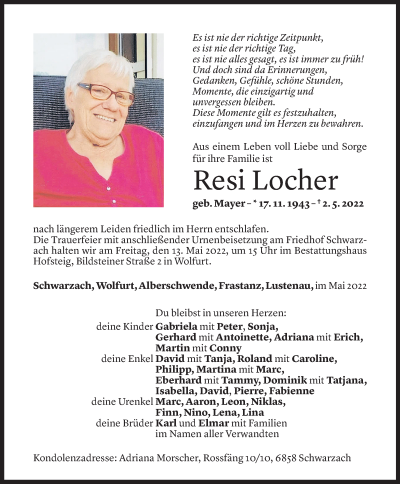  Todesanzeige für Resi Locher vom 10.05.2022 aus Vorarlberger Nachrichten