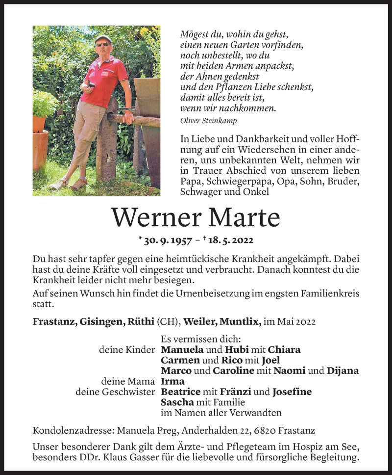  Todesanzeige für Werner Marte vom 21.05.2022 aus Vorarlberger Nachrichten