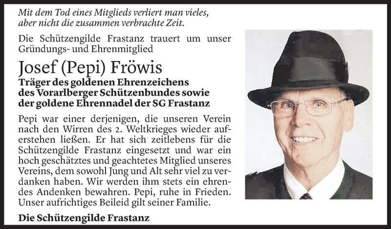  Todesanzeige für Josef Fröwis vom 06.05.2022 aus Vorarlberger Nachrichten