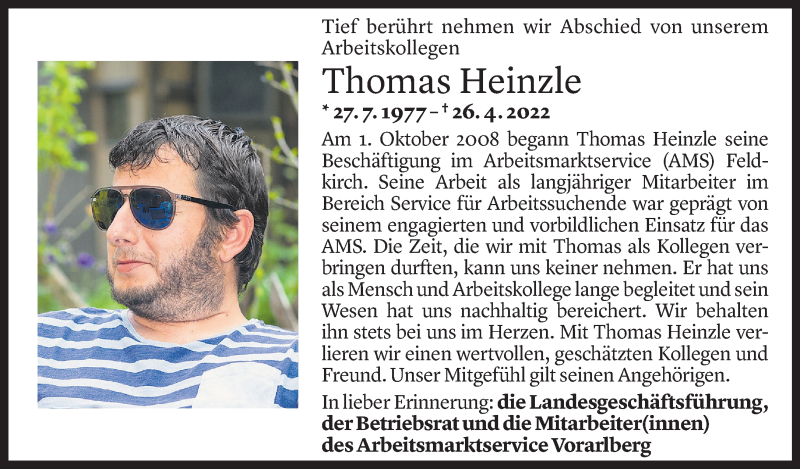  Todesanzeige für Thomas Heinzle vom 04.05.2022 aus Vorarlberger Nachrichten