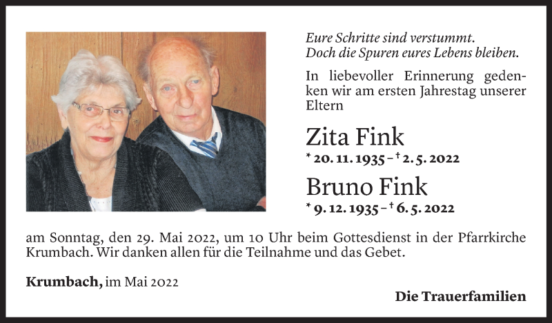  Todesanzeige für Zita und Bruno Fink vom 27.05.2022 aus Vorarlberger Nachrichten
