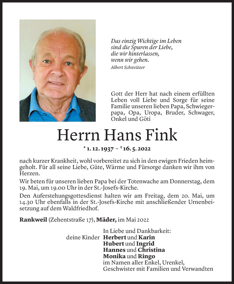  Todesanzeige für Hans Fink vom 18.05.2022 aus Vorarlberger Nachrichten