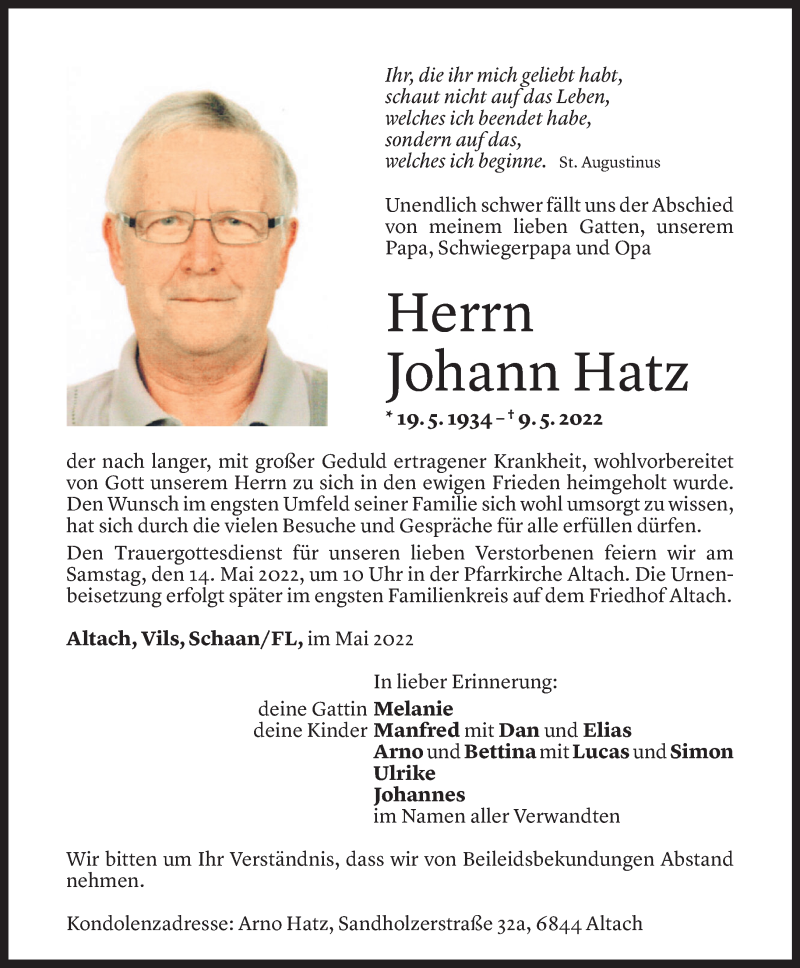  Todesanzeige für Johann Hatz vom 11.05.2022 aus Vorarlberger Nachrichten