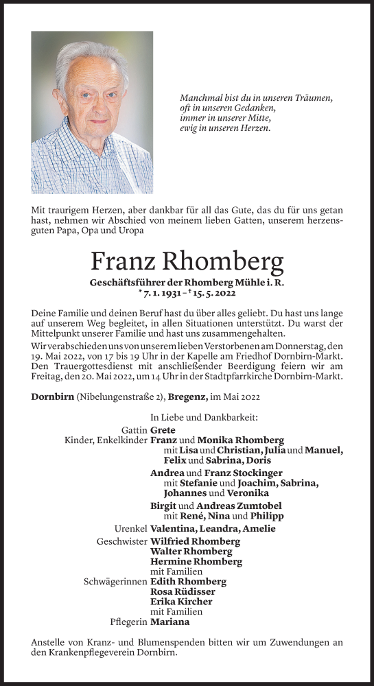  Todesanzeige für Franz Rhomberg vom 17.05.2022 aus Vorarlberger Nachrichten