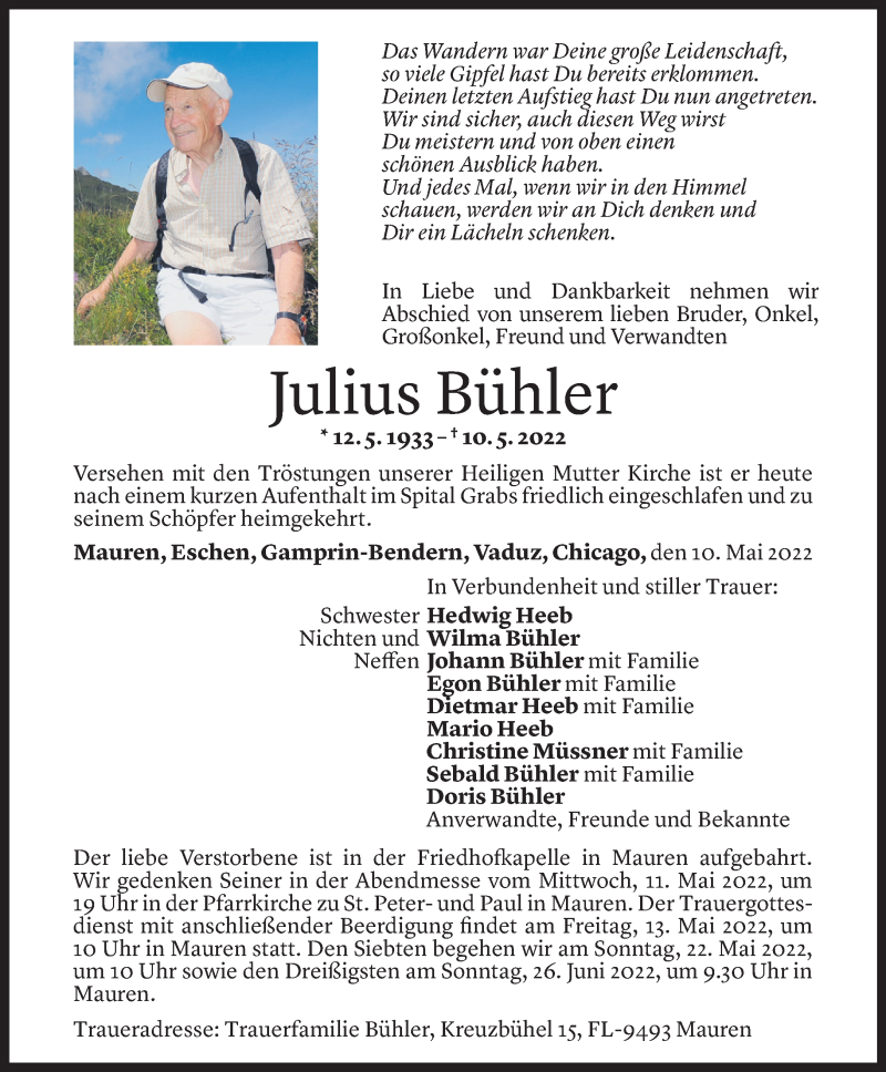  Todesanzeige für Julius Bühler vom 10.05.2022 aus Vorarlberger Nachrichten