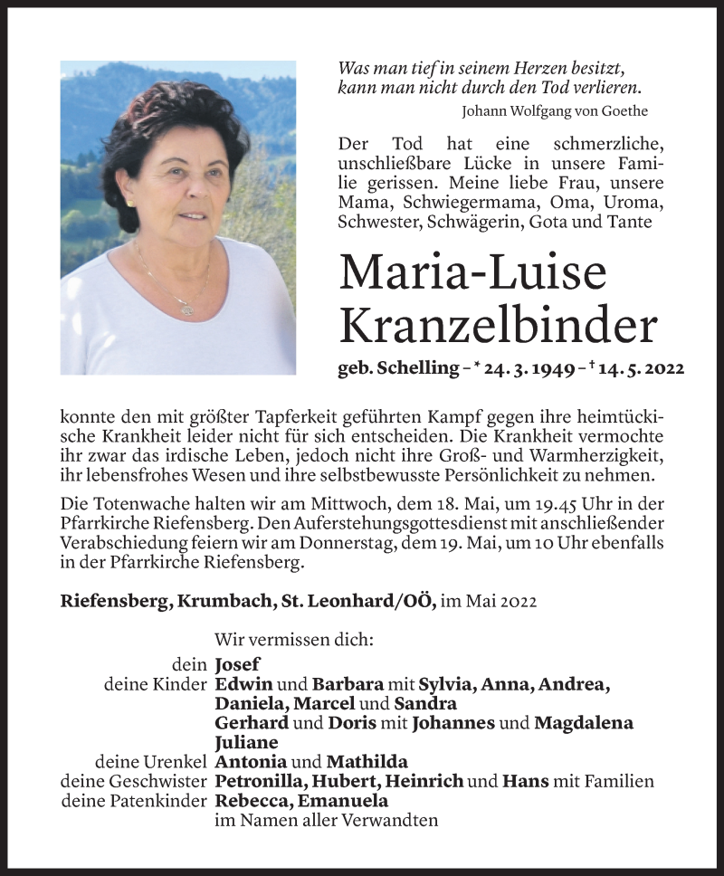 Todesanzeige für Maria-Luise Kranzelbinder vom 16.05.2022 aus Vorarlberger Nachrichten