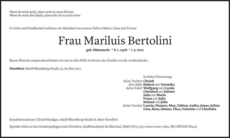  Todesanzeige für Mariluis Bertolini vom 16.05.2022 aus Vorarlberger Nachrichten