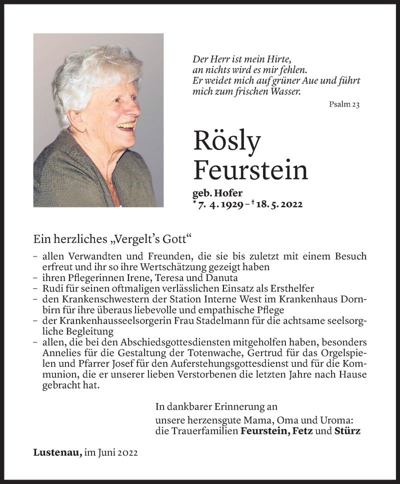  Todesanzeige für Rosa Feurstein vom 31.05.2022 aus Vorarlberger Nachrichten