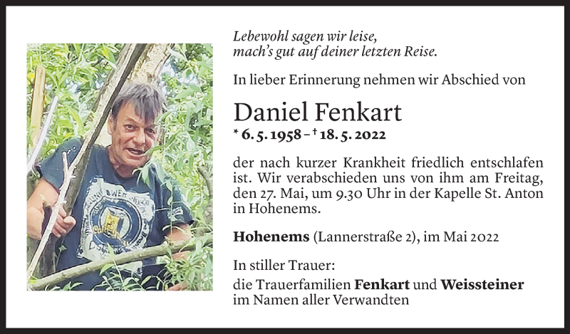  Todesanzeige für Daniel Fenkart vom 20.05.2022 aus Vorarlberger Nachrichten