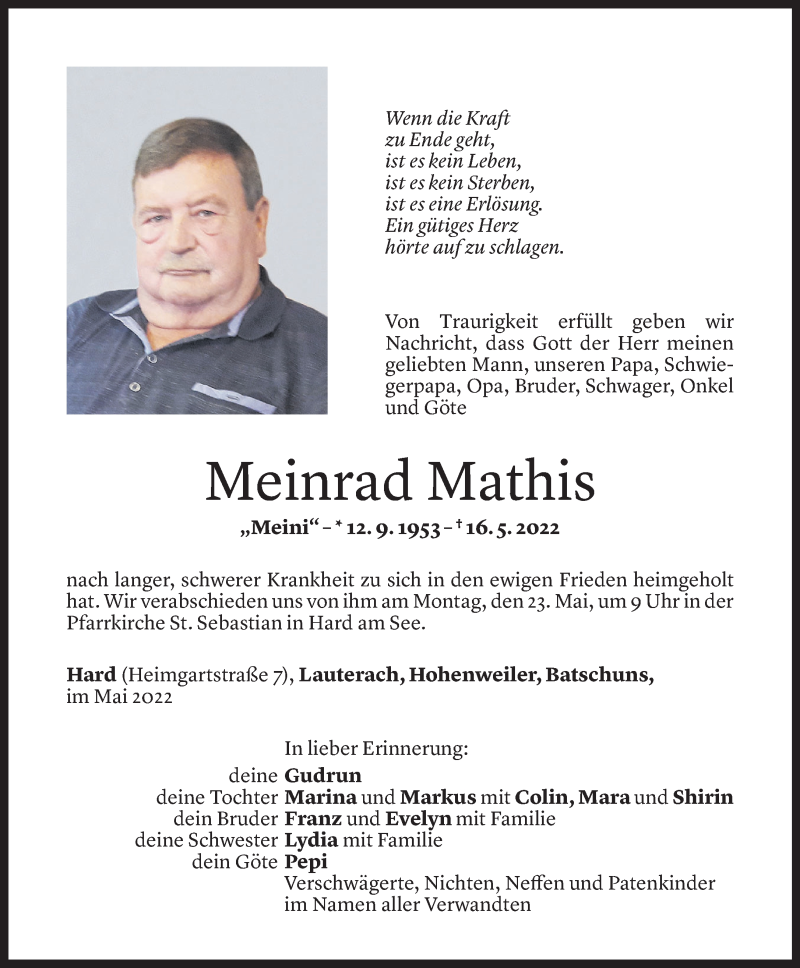  Todesanzeige für Meinrad Mathis vom 19.05.2022 aus Vorarlberger Nachrichten