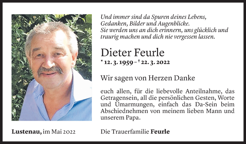  Todesanzeige für Dieter Feurle vom 20.05.2022 aus Vorarlberger Nachrichten