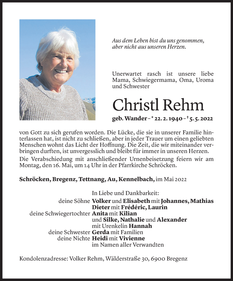  Todesanzeige für Christl Rehm vom 12.05.2022 aus Vorarlberger Nachrichten