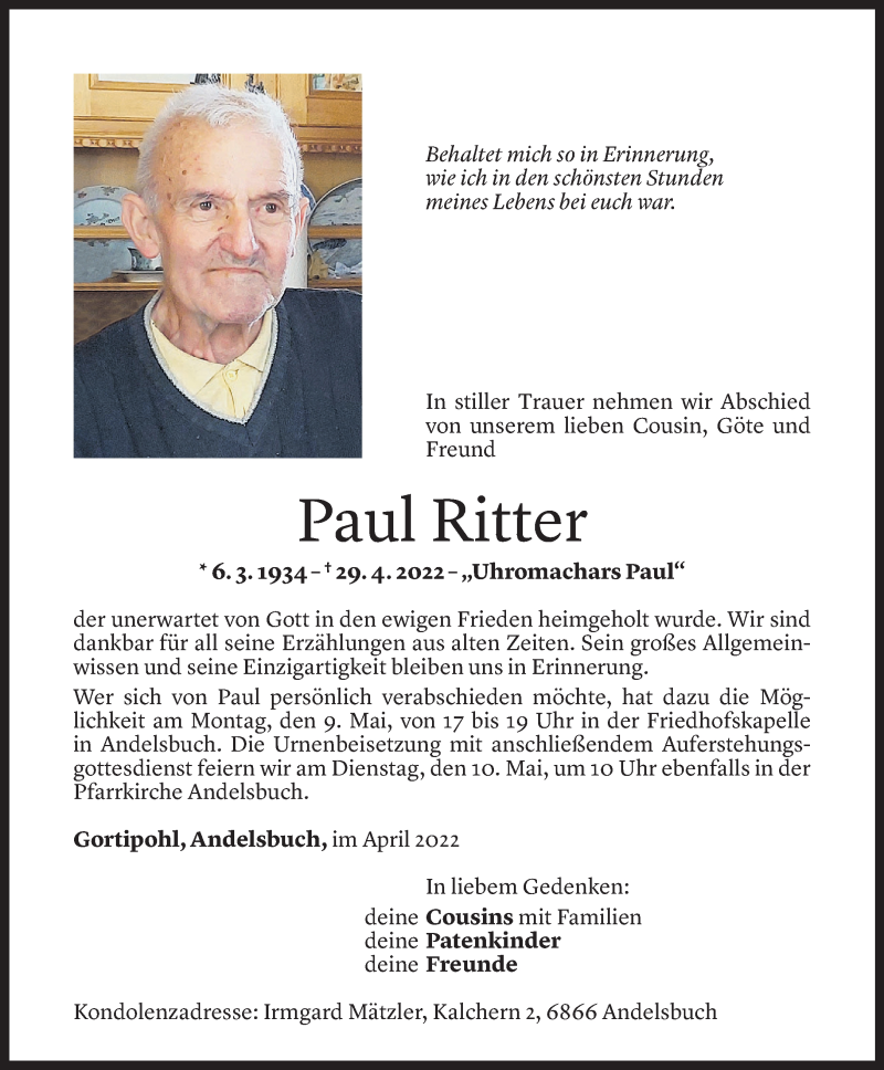  Todesanzeige für Paul Ritter vom 06.05.2022 aus Vorarlberger Nachrichten