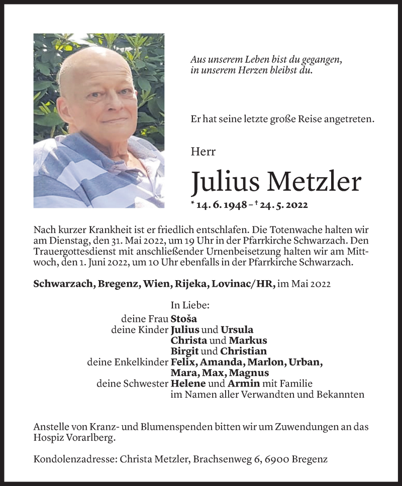  Todesanzeige für Julius Metzler vom 27.05.2022 aus Vorarlberger Nachrichten