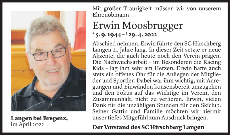  Todesanzeige für Erwin Moosbrugger vom 02.05.2022 aus Vorarlberger Nachrichten